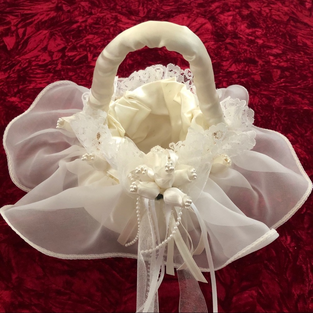 Ivory Flower Girl Basket with Lace and Ribbon